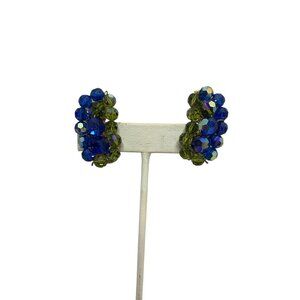 Vintage Iridescent Blue And Green Beaded Clip On Earrings (1767)
